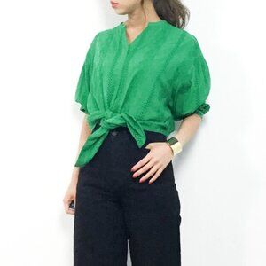 Mila Owen Top Guipure Lace Blouse Green Large Eyelet Front Tie Puff Sleeve